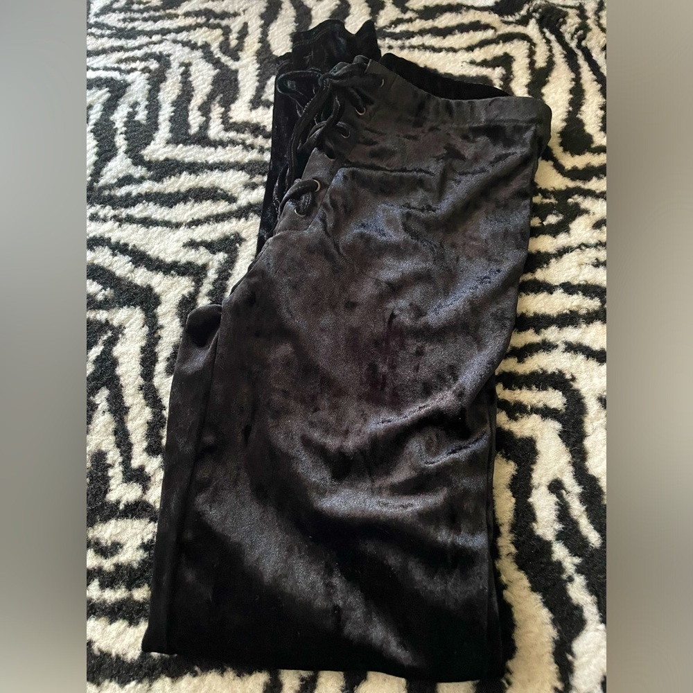 Hot Kiss Black Crush Velvet Lace Up Leggings. Medium.